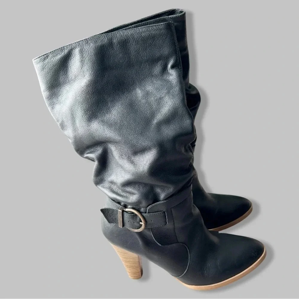 Zara Black Slouchy Leather Heeled Tall Boots  Made In Spain - Picture 3 of 15